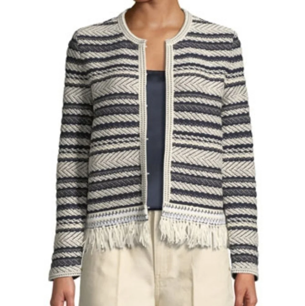 Tory Burch Navy & Cream Payton Fringe Cardigan Sweater M